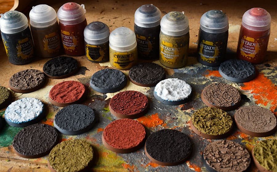 Picture of all the Citadel texture paint produced by Games Workshop for Age of Sigmar and Warhammer 40k