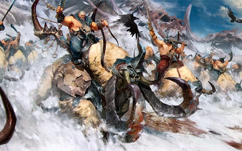 Mournfang and Thundertusk riding on the avalance of the everwiner