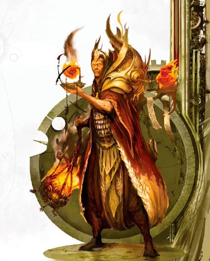 Flame guy from Aqshy (realm of fire). The image is used as part of a rundown of the artefacts in Malign Sorcery.