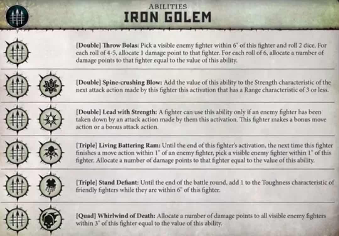 The Ability Card for Warcry for the Warband Iron Golem