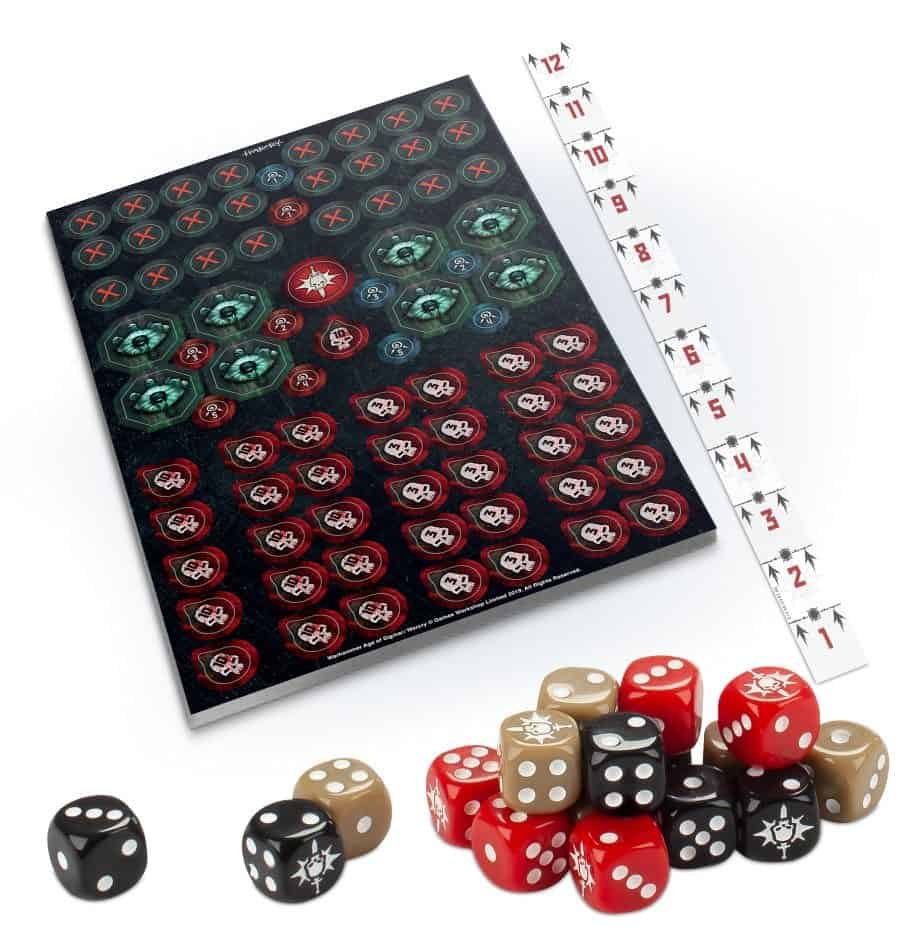 The crazy many tokens, dice and ruler for warcry