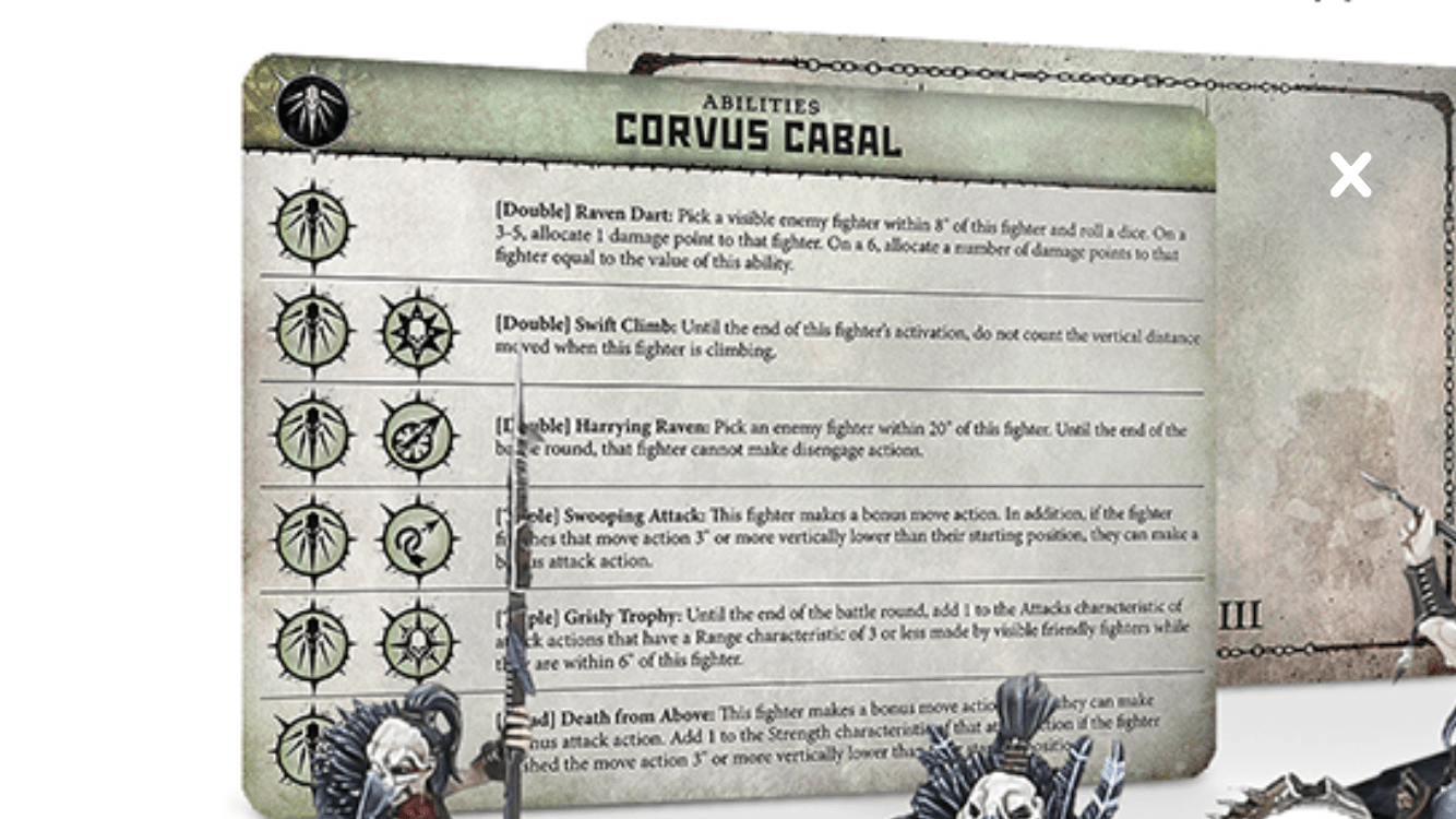 The Ability Card for the Corvus Cabal Warband in Warcry