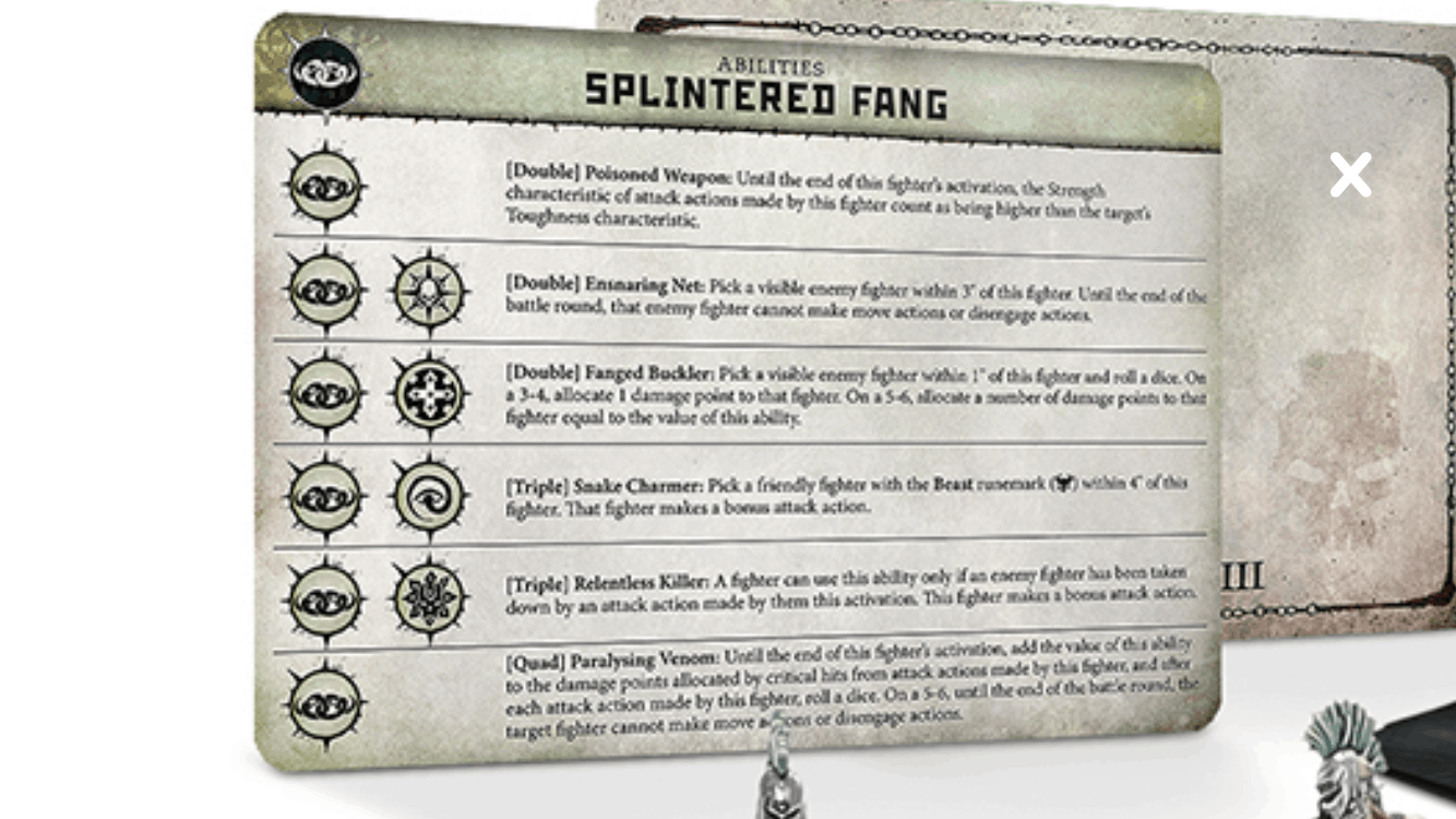 The Ability Cards for the Splintered Fang Warband in Warcry