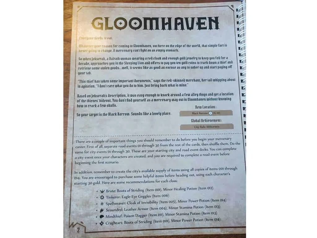 The first page of the scenario book where you will find how to start a Gloomhaven Campaign