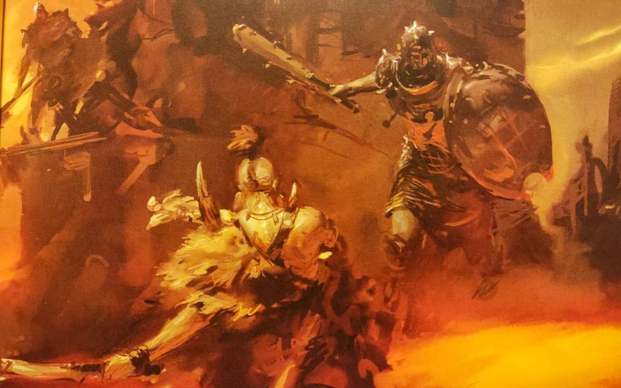 Some artwork of iron golems and some other chaos warband fighting in what could be a warcry campaign