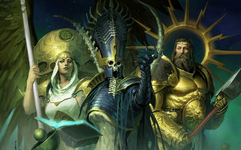 Artwork from the Soulbound RPG book depicting Alarielle, Sigmar and Nagash.