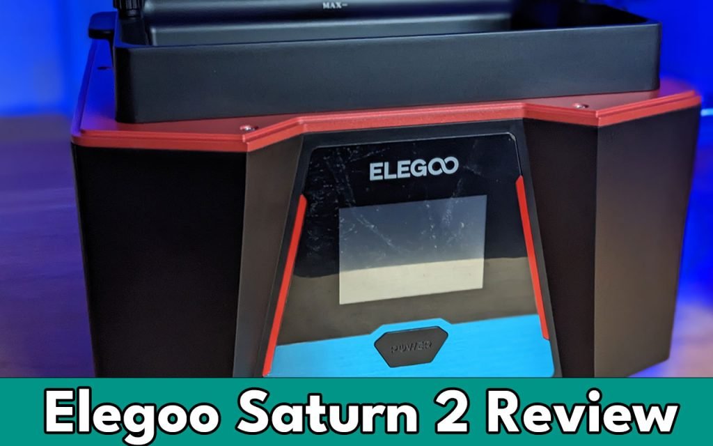 Feature image for the Elegoo Saturn 2 Review. The image shows the bottom part of the 3D printer