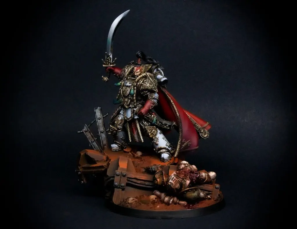 Space marine painted with glazing and various other effects.